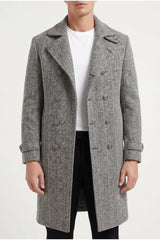 Men's Black White Wool Herringbone Coat