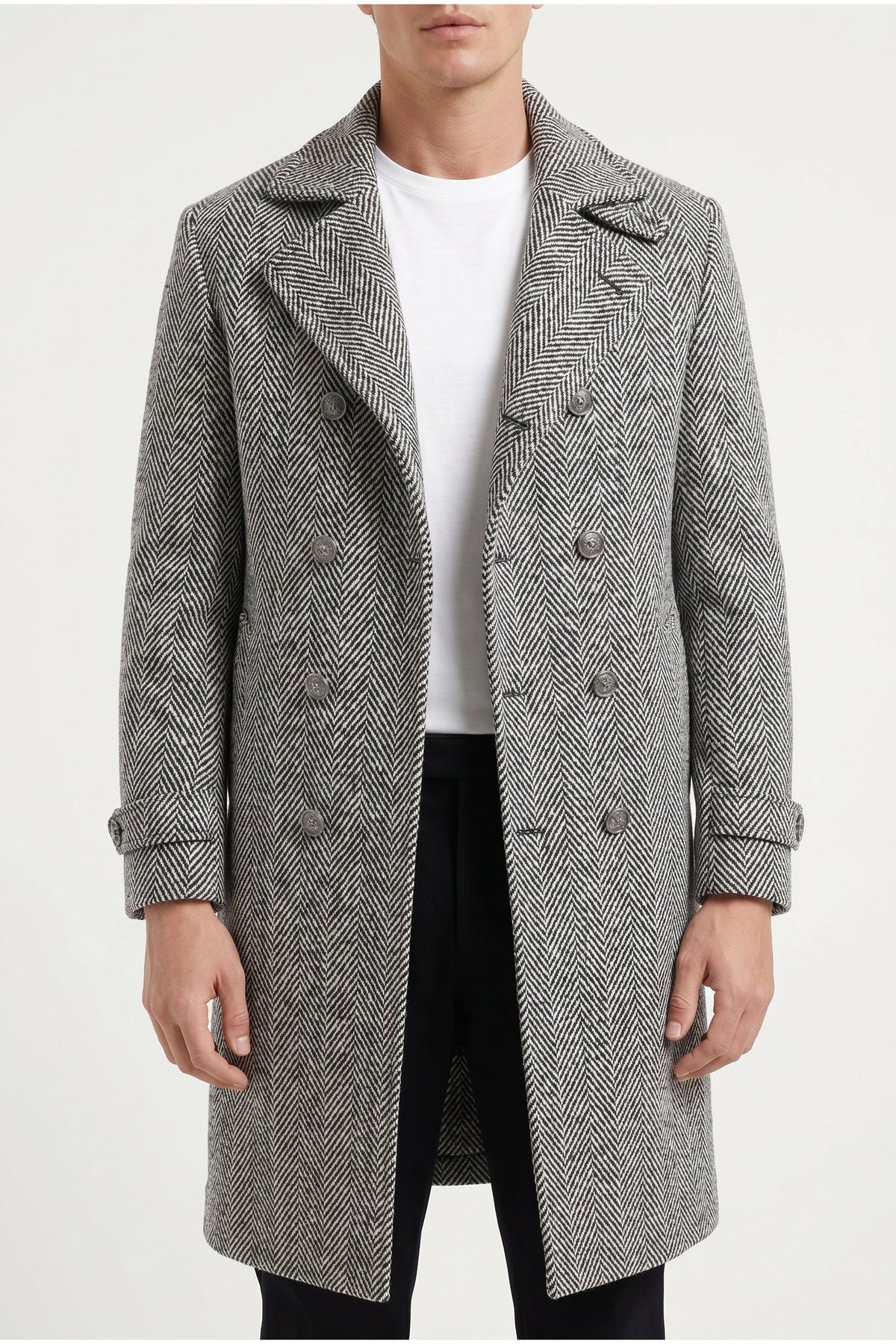 Men's Black White Wool Herringbone Coat