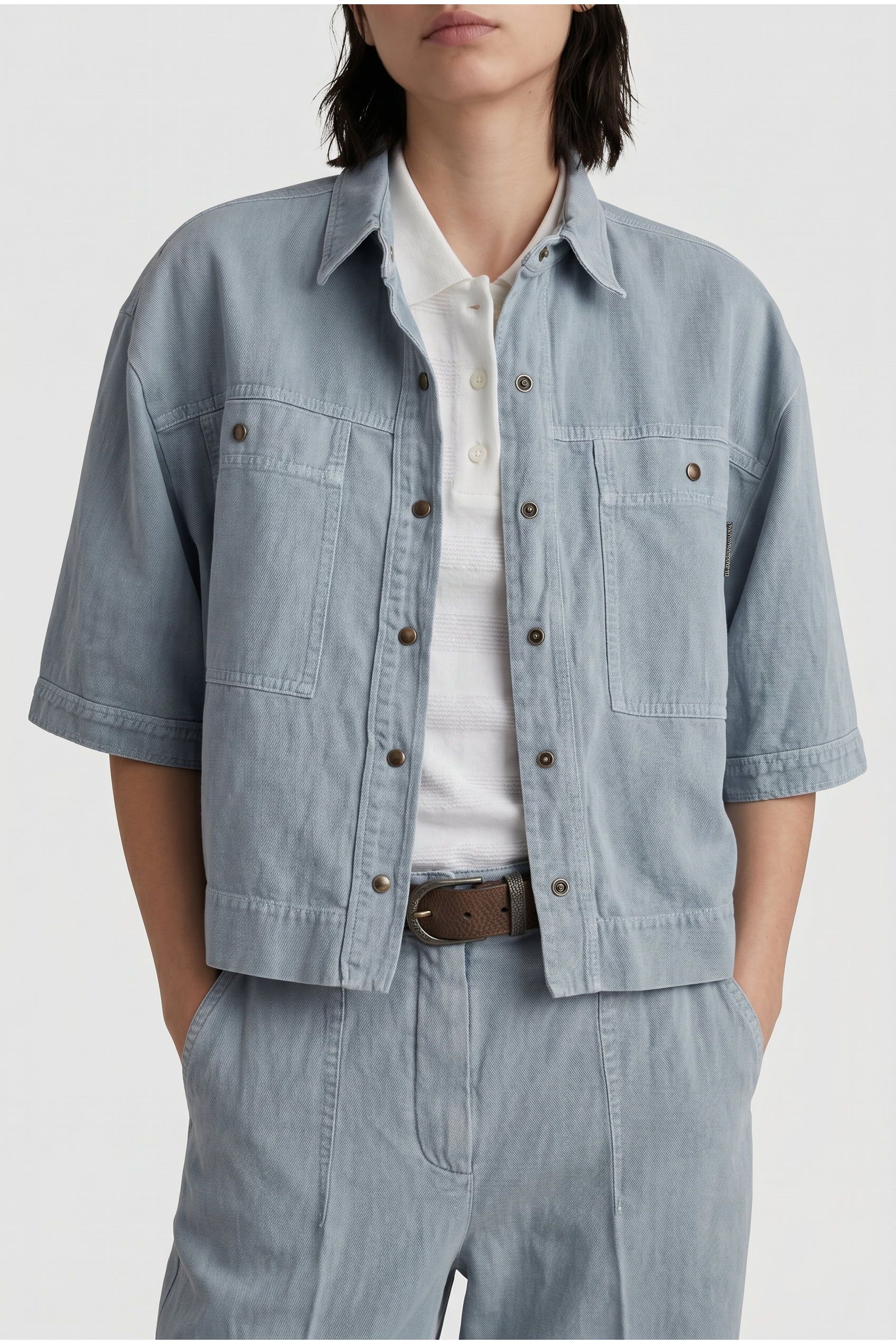 Brunello Cucinelli Women's Light Blue Linen Blend Shirt