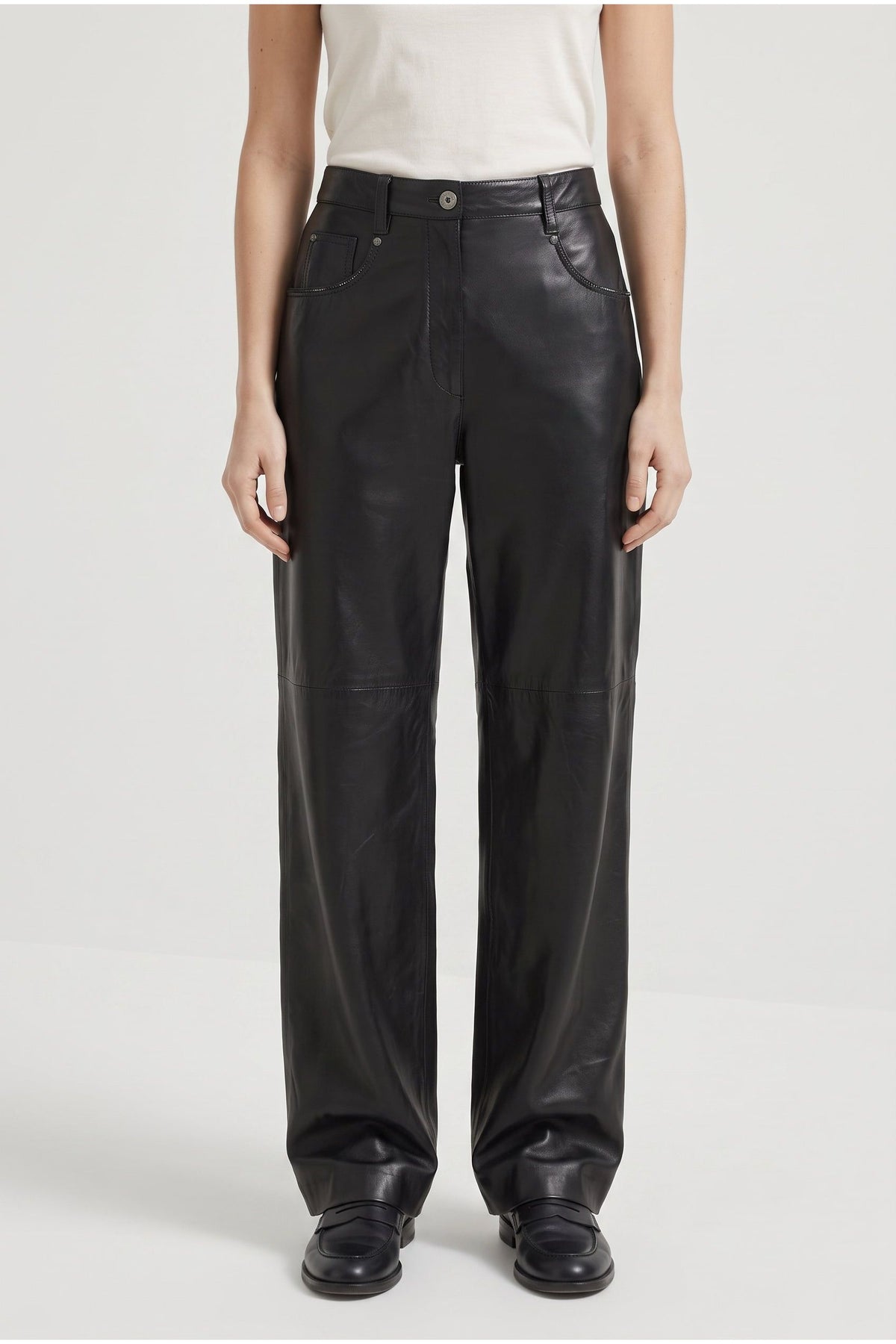 Women's Black Leather Wide Trousers