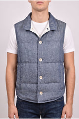 Brunello Cucinelli Men's Blue Linen Button Down Vest