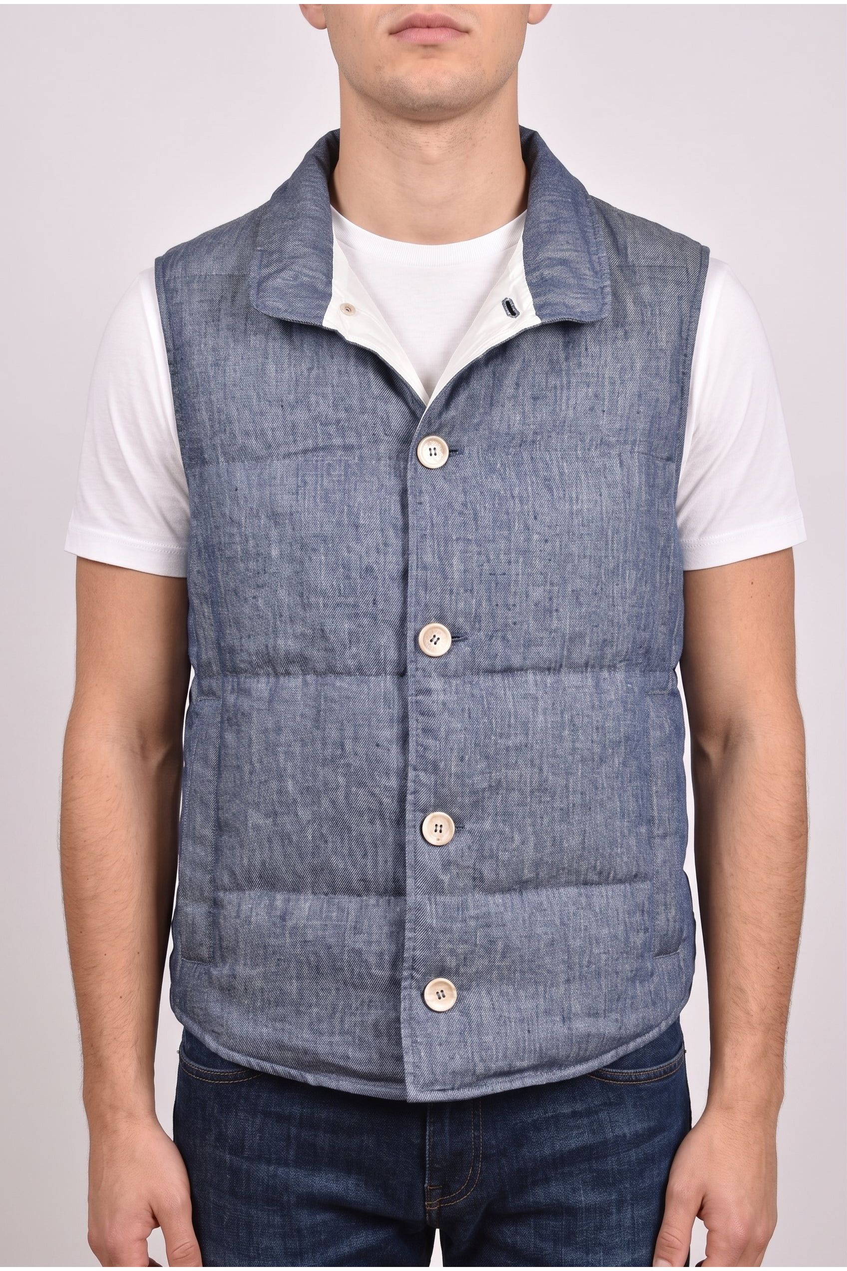 Brunello Cucinelli Men's Blue Linen Button Down Vest