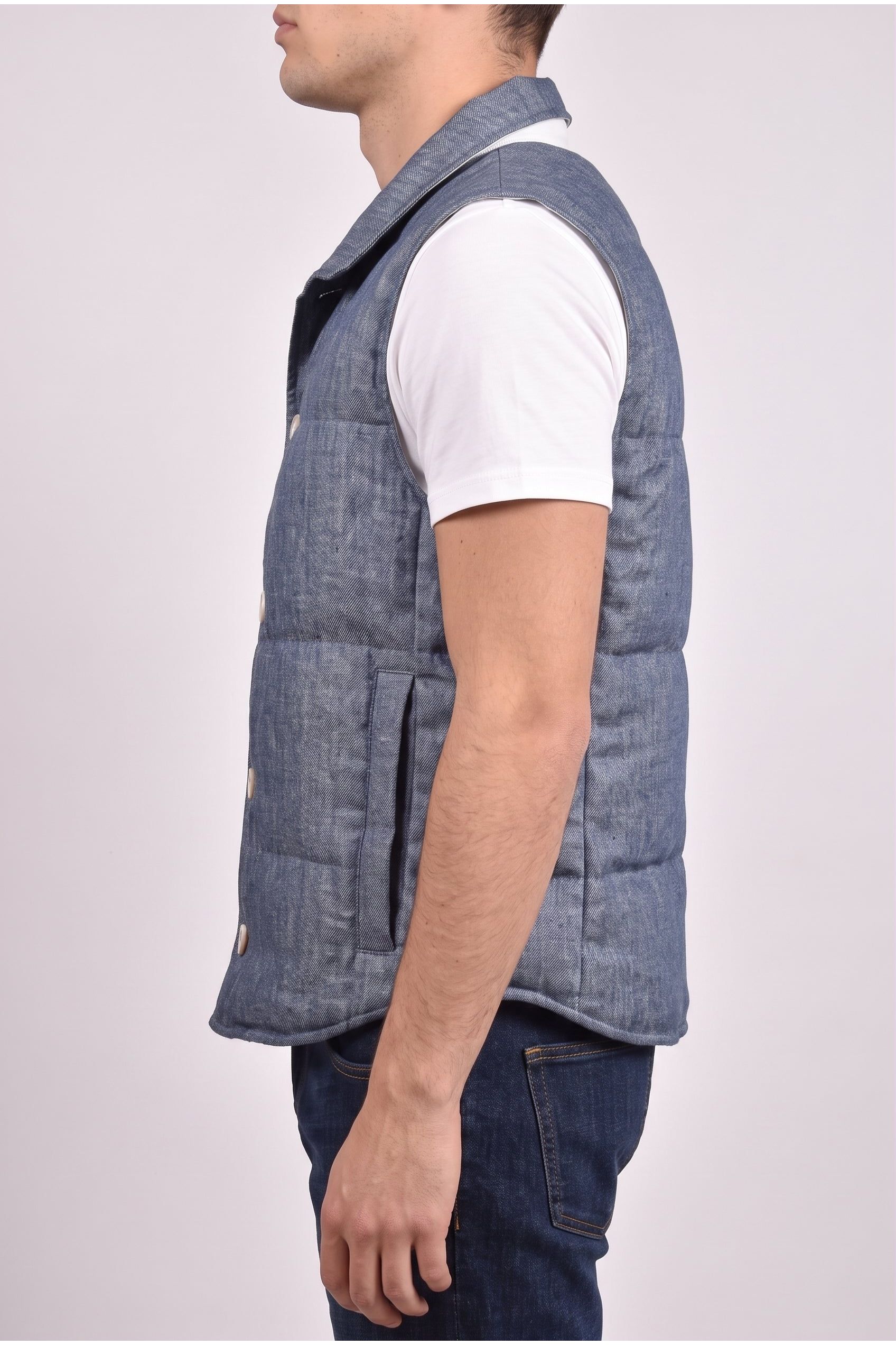 Brunello Cucinelli Men's Blue Linen Button Down Vest