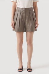 Women's Taupe Leather Pleated Shorts