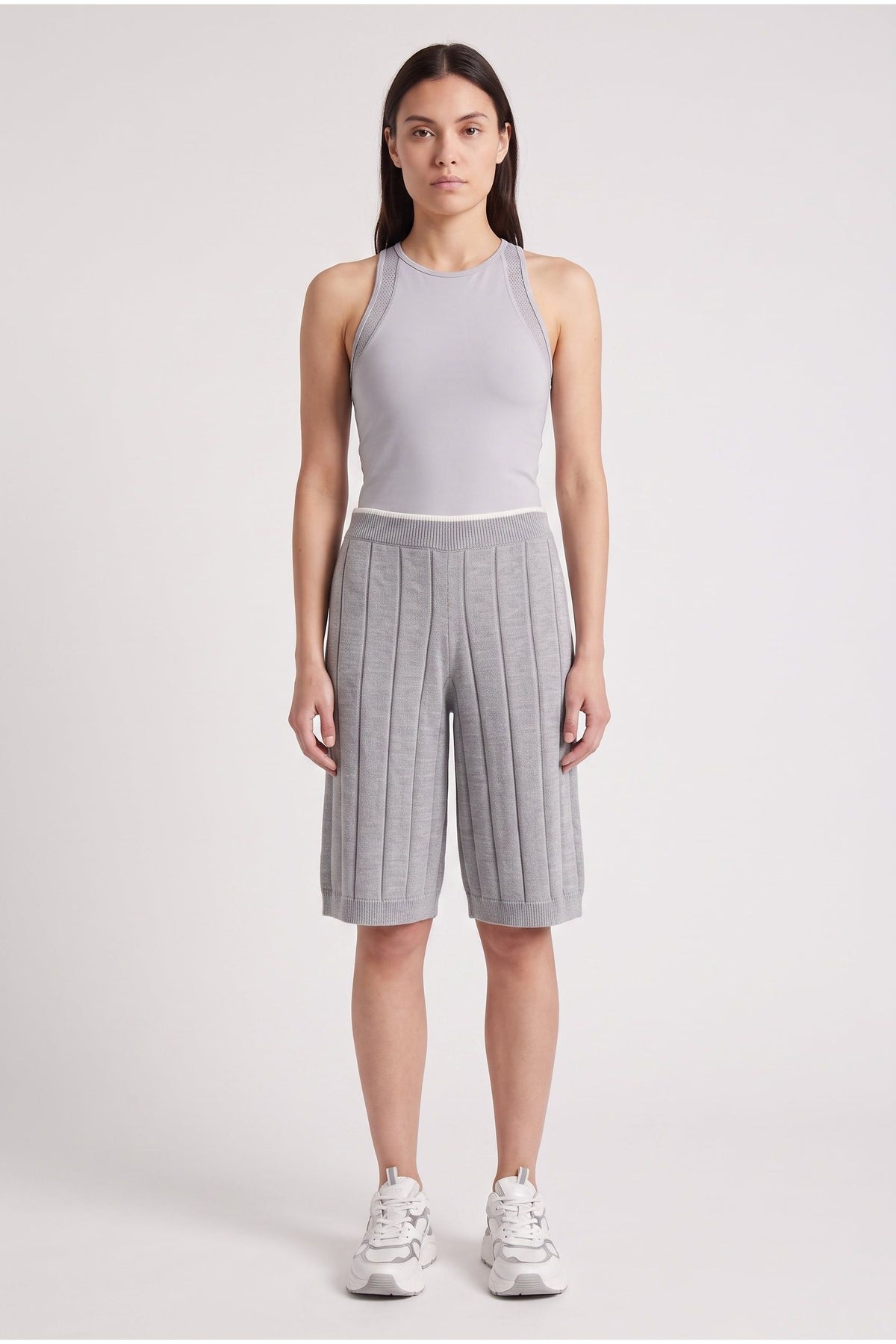Women's Light Grey Ribbed Cotton Shorts