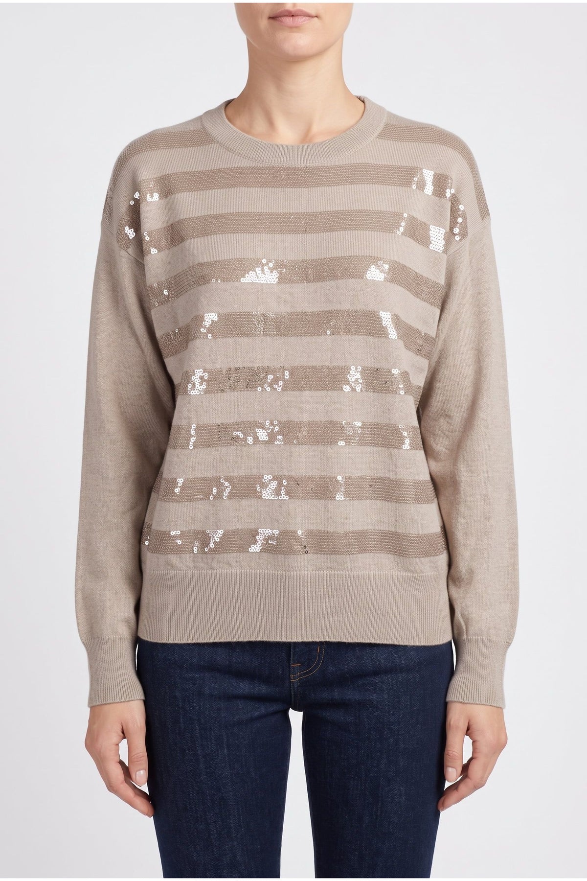 Women's Beige Cashmere Striped Sweater