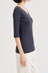 Women's Navy Ribbed V Neck Shirt