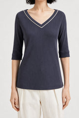 Women's Navy Ribbed V Neck Shirt