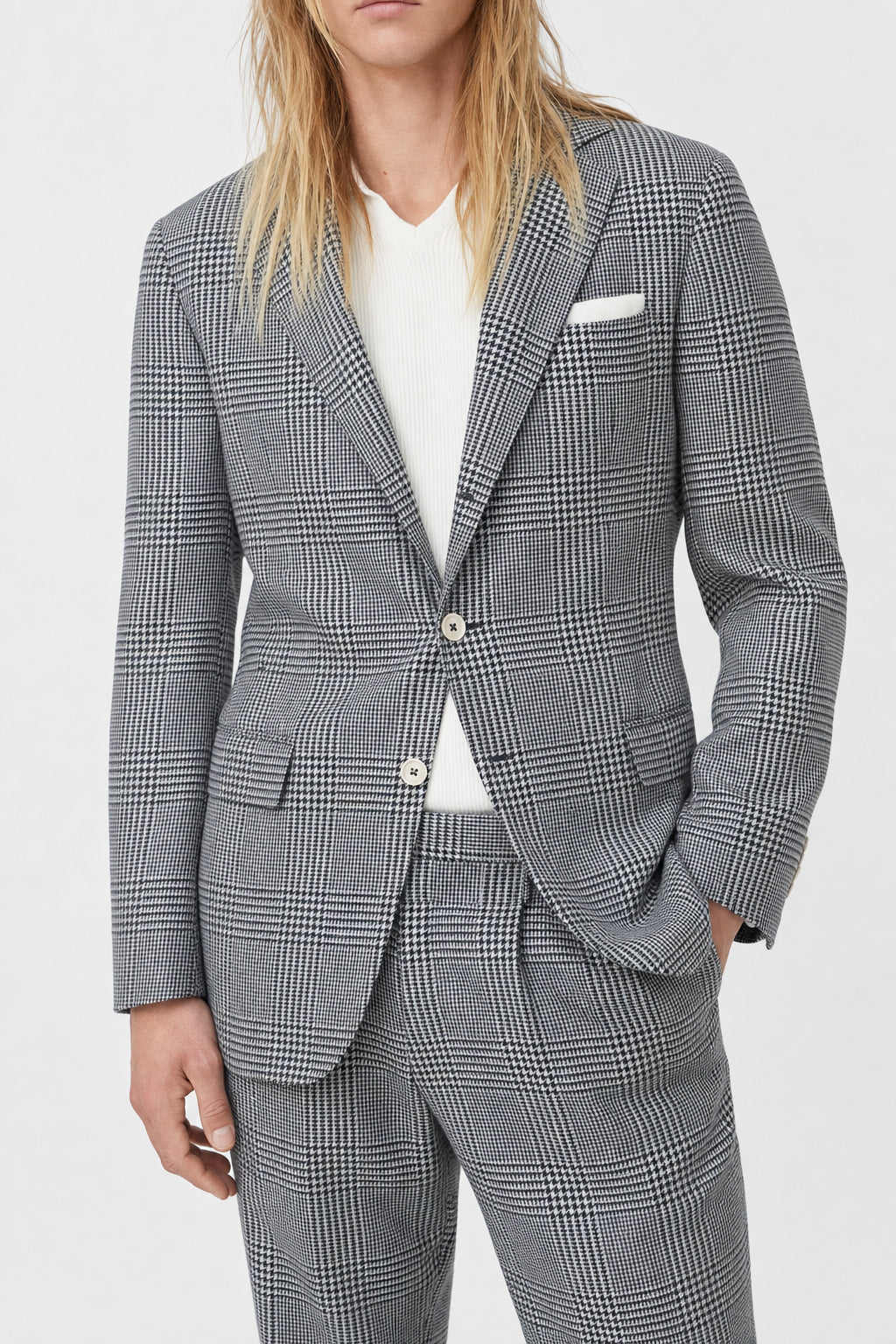Men's Black Wool Silk Checked Blazer