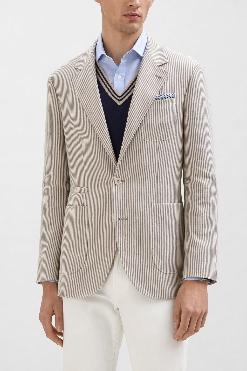 Men's Beige Linen Wool Striped Blazer