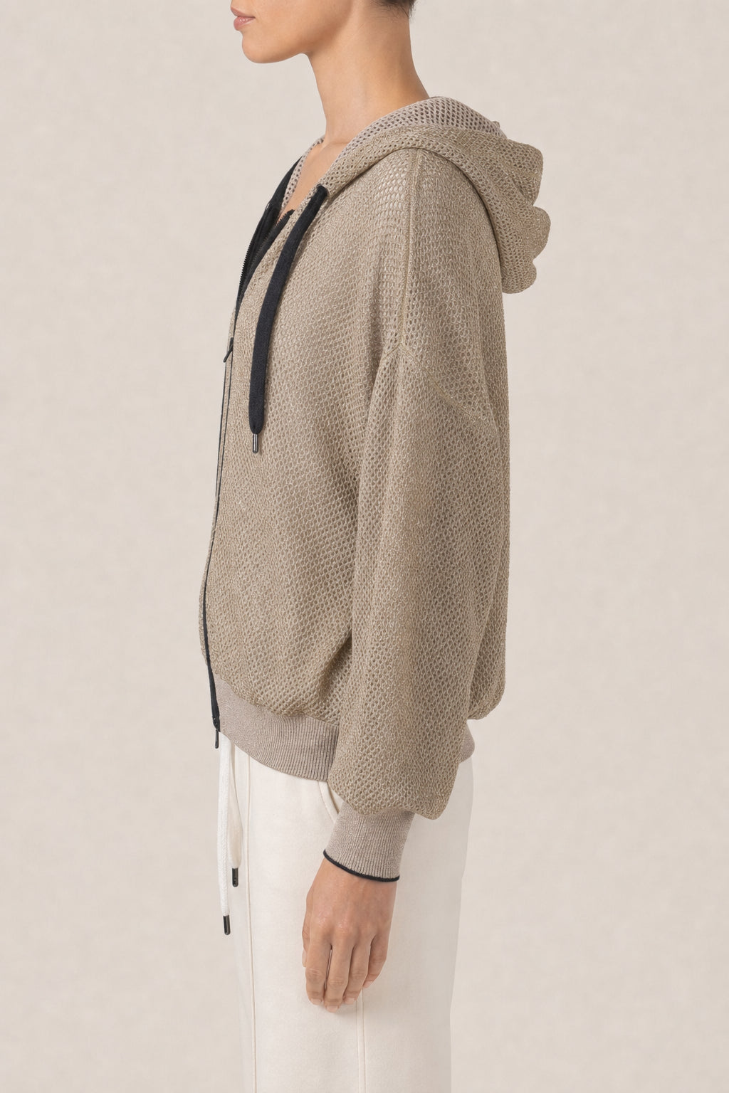 Women's Beige Mesh Zip Hoodie