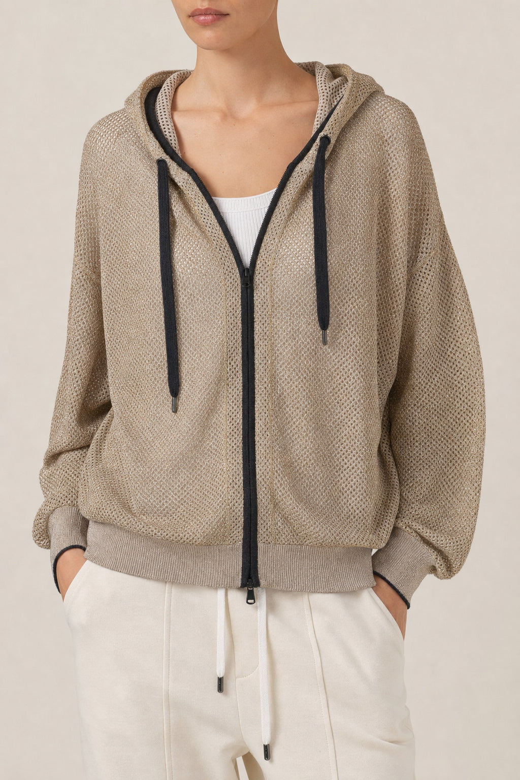 Women's Beige Mesh Zip Hoodie