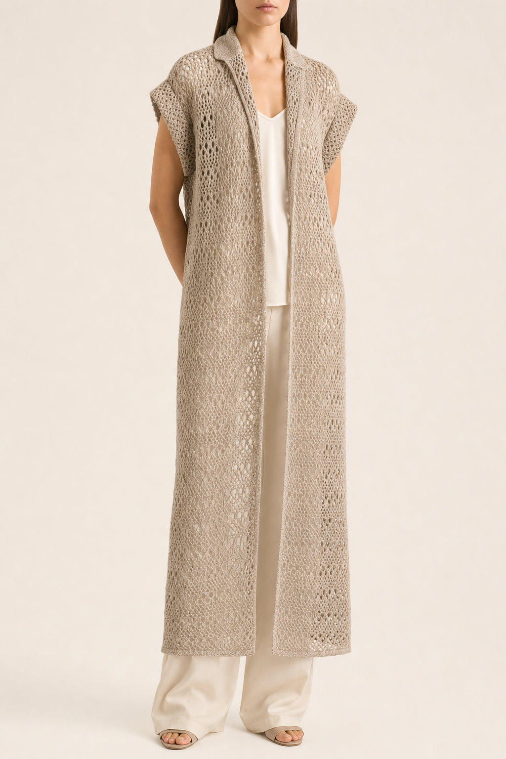 Women's Beige Linen Silk Openwork Sweater