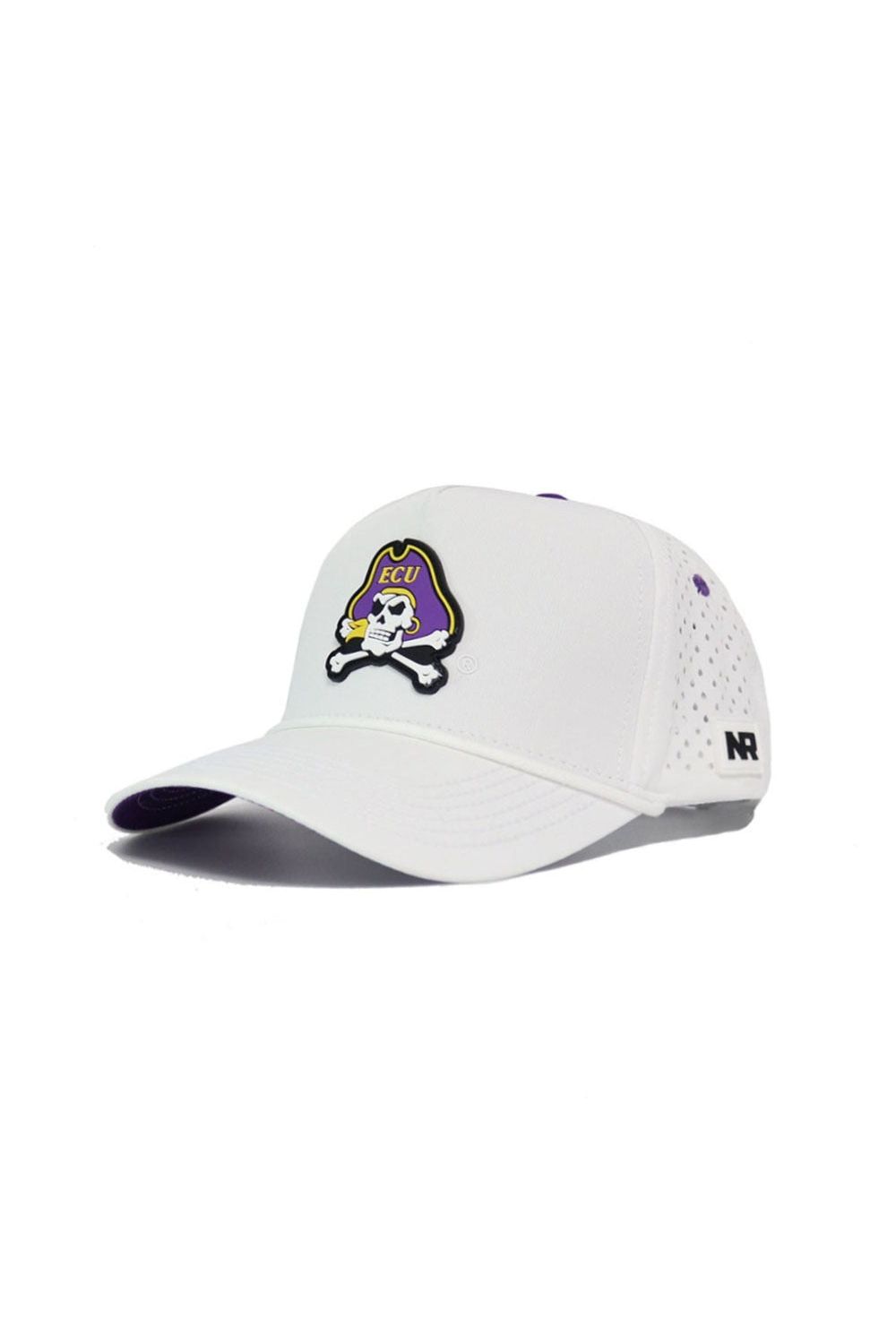 The No Rivals ECU Gameday Hat is a white snapback baseball cap with a perforated back, featuring the official ECU Pirates skull and crossbones logo in purple and yellow—perfect for showing your team spirit on gameday.