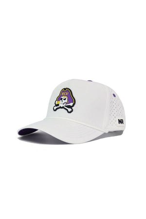 The No Rivals ECU Gameday Hat is a white snapback baseball cap with a perforated back, featuring the official ECU Pirates skull and crossbones logo in purple and yellow—perfect for showing your team spirit on gameday.