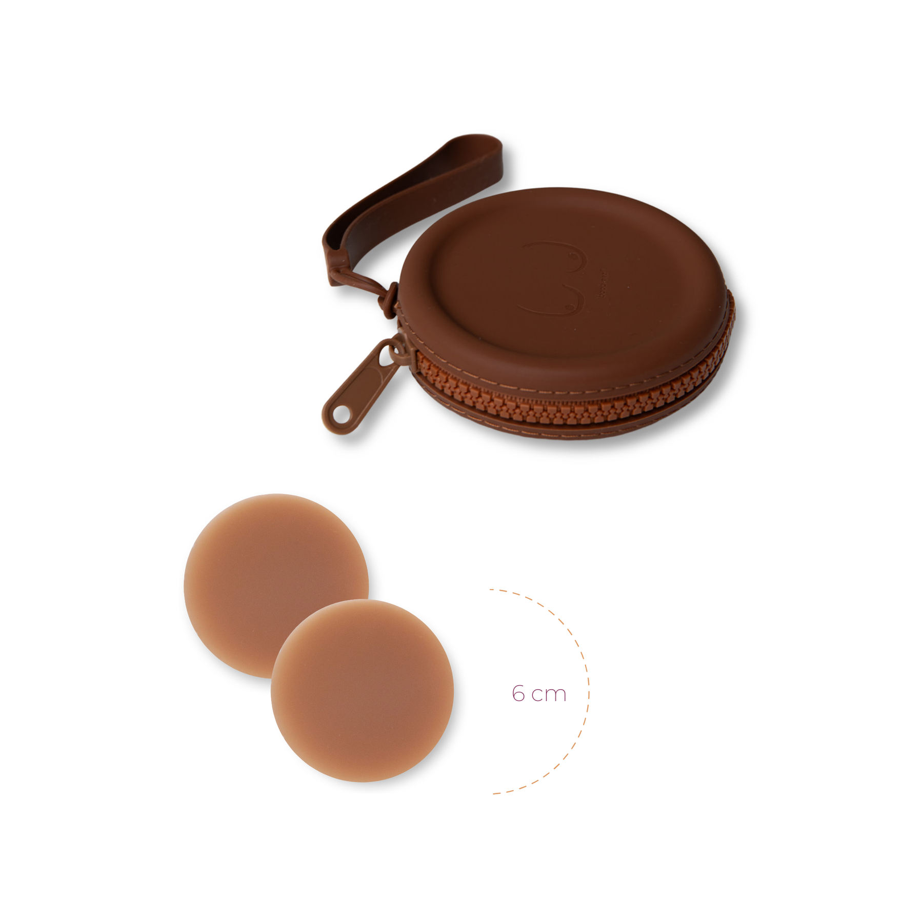 Product shot of reusable Dark tint 6cm Headlight Hiders and Silicone Travel Case for sticky Headlight Hiders in Dark Nude with a removable strap and zipper detail, against a white background showing the thin edges of the Headlight Hiders