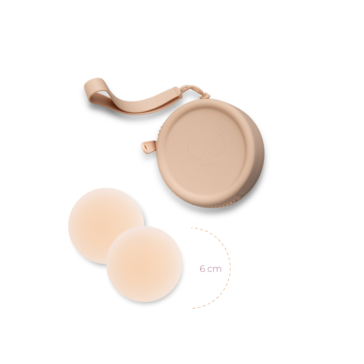 Product shot of reusable Light tint 6cm Headlight Hiders and a durable Silicone Travel Case for sticky Headlight Hiders in Light Nude with removable strap and zipper detail, against a white background showing the thin edges of the Headlight Hiders