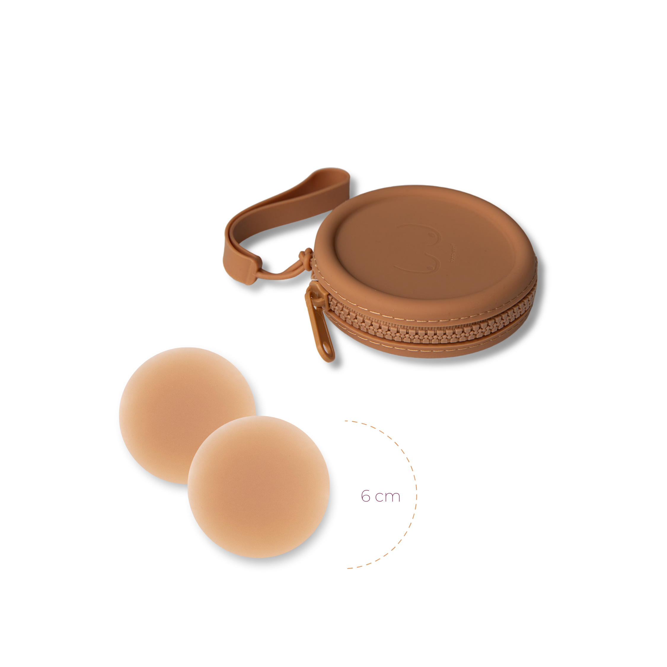 Product shot of reusable Medium tint 6cm Headlight Hiders and Silicone Travel Case for sticky Headlight Hiders in Medium Nude with a removable strap and zipper detail, against a white background showing the thin edges of the Headlight Hiders