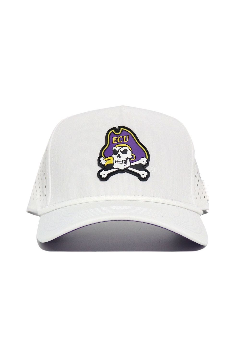 Show your team spirit with the No Rivals ECU Gameday Hat—a white snapback baseball cap featuring a skull and crossbones logo with a purple ECU hat on the front. An officially licensed essential for fans!.