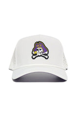 Show your team spirit with the No Rivals ECU Gameday Hat—a white snapback baseball cap featuring a skull and crossbones logo with a purple ECU hat on the front. An officially licensed essential for fans!.