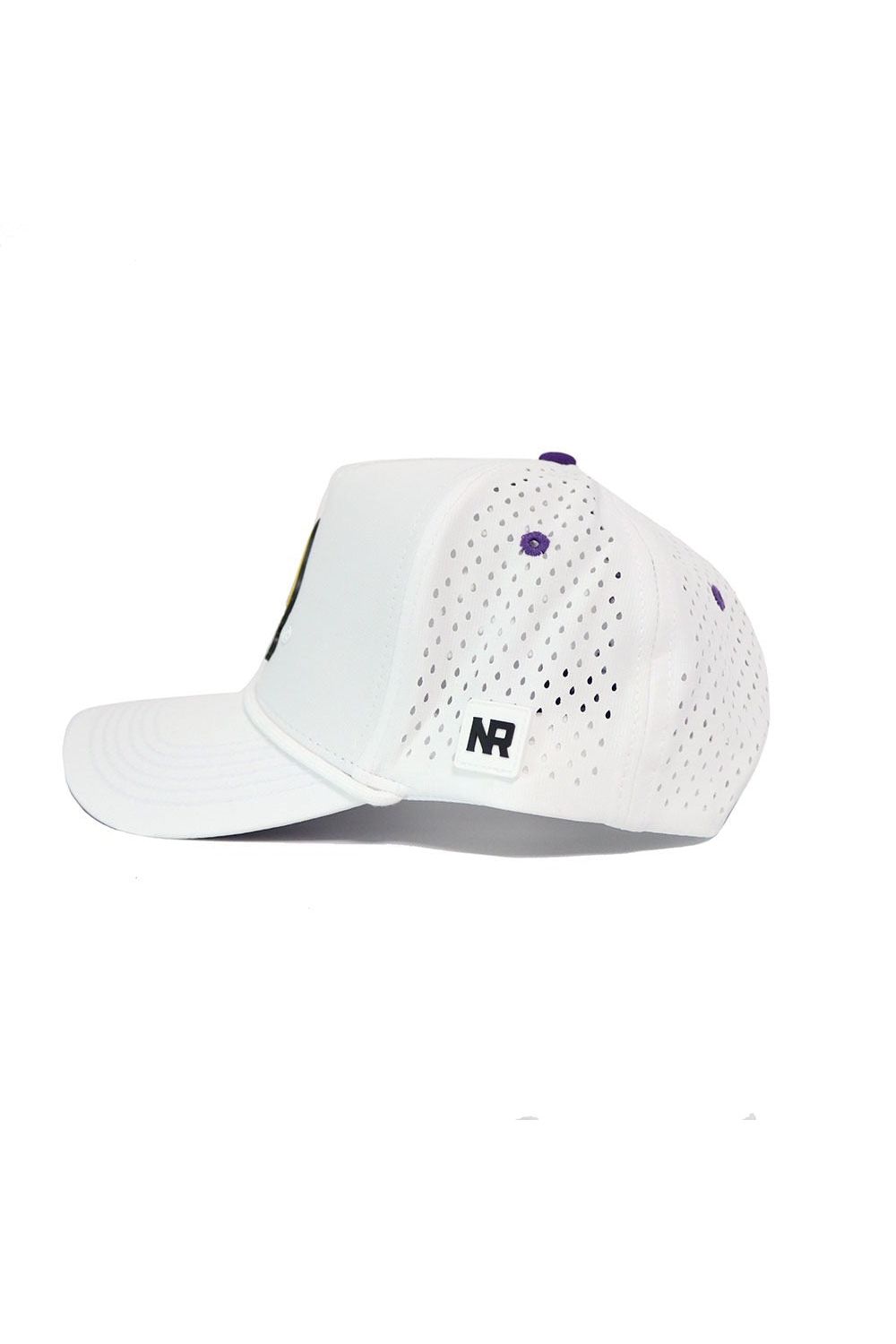 Side view of the No Rivals ECU Gameday Hat, a white snapback baseball cap with perforated ventilation holes, a purple top button, and a small black-and-white NR logo patch on the side. Set against a plain white background.