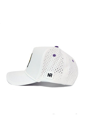 Side view of the No Rivals ECU Gameday Hat, a white snapback baseball cap with perforated ventilation holes, a purple top button, and a small black-and-white NR logo patch on the side. Set against a plain white background.