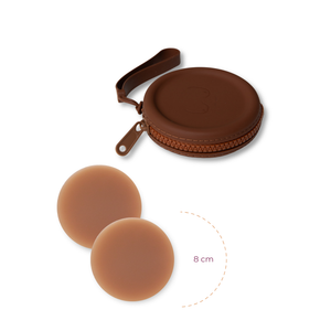 Product shot of reusable Dark tint 8cm Headlight Hiders and Silicone Travel Case for sticky Headlight Hiders in Dark Nude with a removable strap and zipper detail, against a white background showing the thin edges of the Headlight Hiders