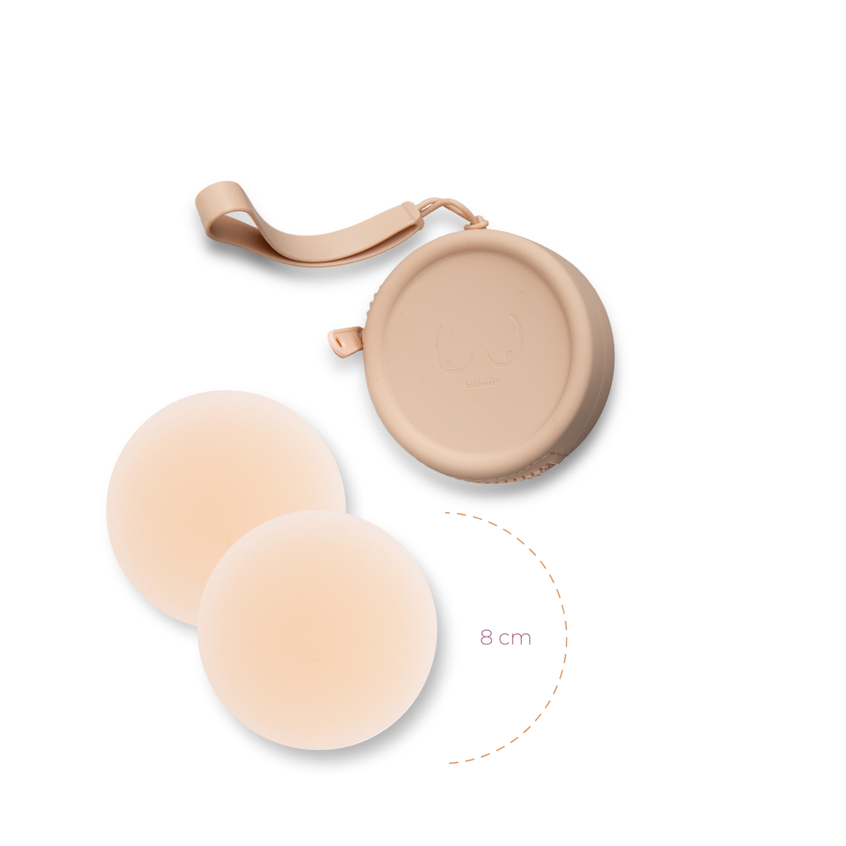 Product shot of reusable Light tint 8cm Headlight Hiders and Silicone Travel Case for sticky Headlight Hiders in Light Nude with removable strap and zipper detail, against a white background showing the thin edges of the Headlight Hiders