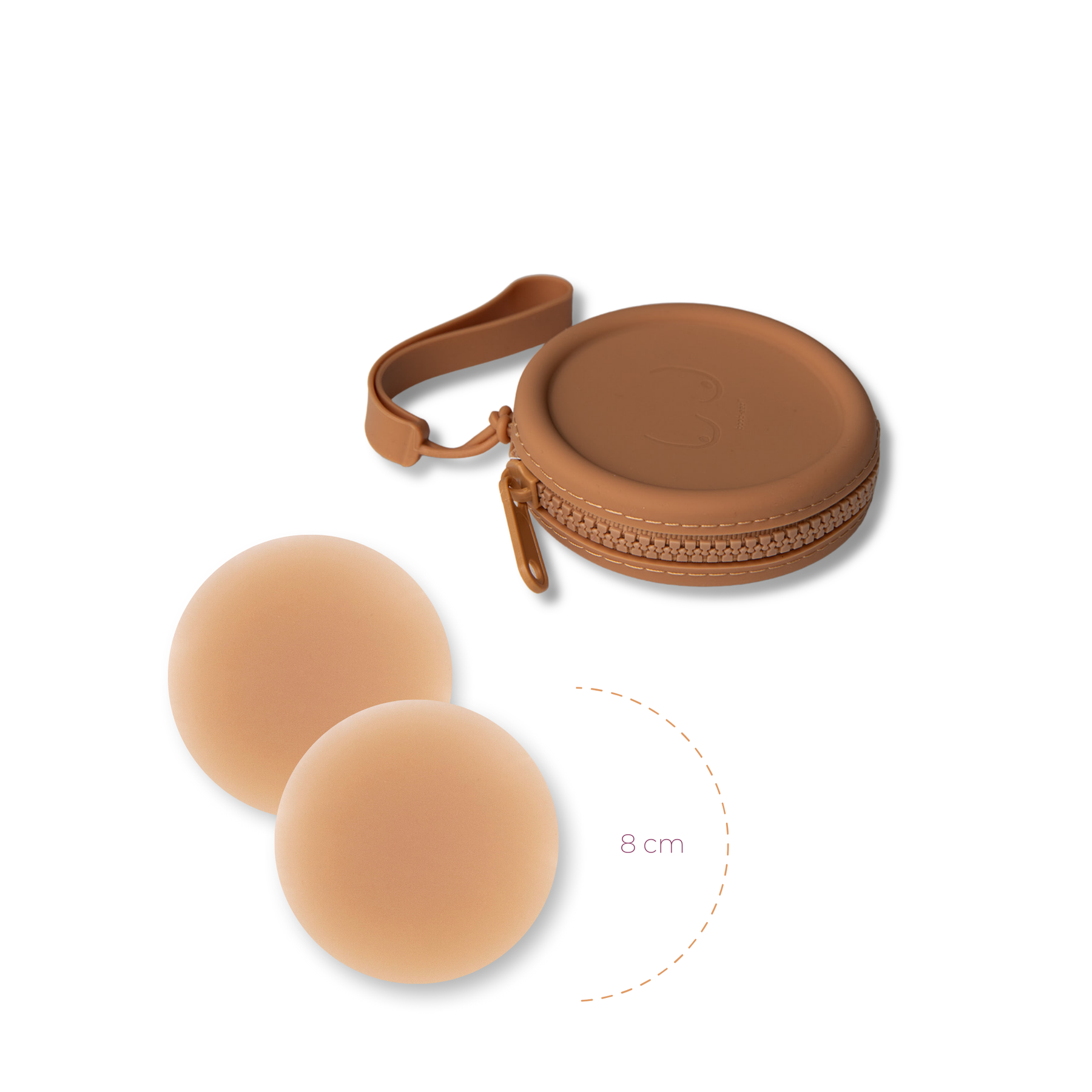Product shot of reusable Medium tint 8cm Headlight Hiders and Silicone Travel Case for sticky Headlight Hiders in Medium Nude with a removable strap and zipper detail, against a white background showing the thin edges of the Headlight Hiders