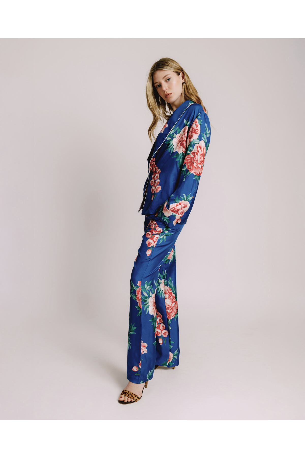 Adriana Iglesias Emery Electric Blue & Coral Floral Silk Pants