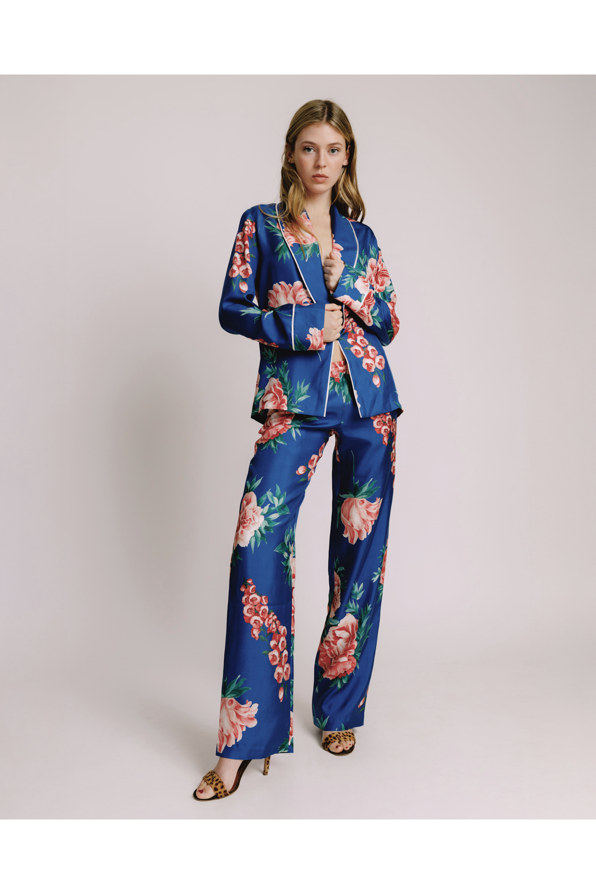 Adriana Iglesias Emery Electric Blue & Coral Floral Silk Pants