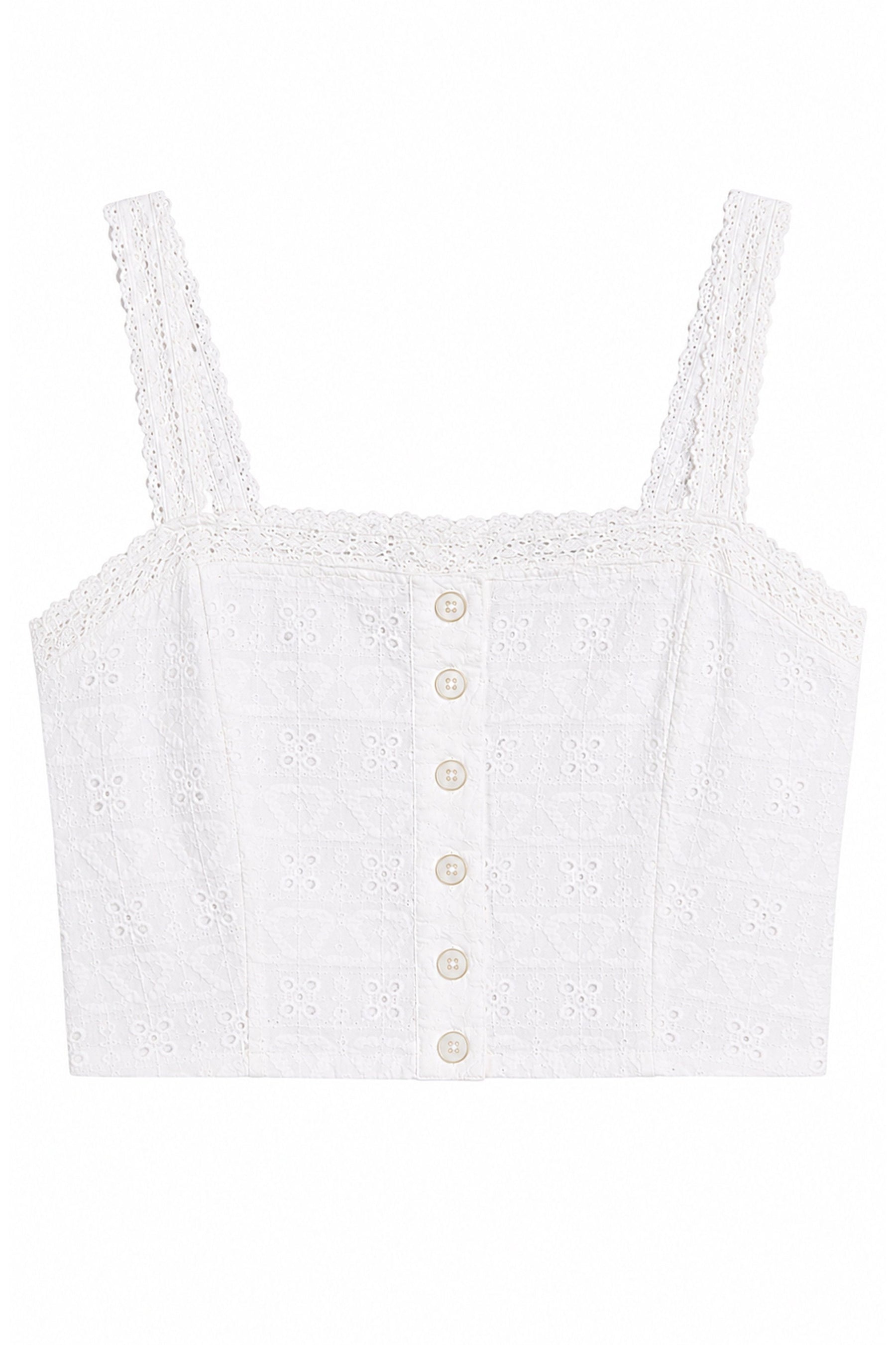 Skylar White Heart & Flower Eyelet With White Ribbon Tank Top