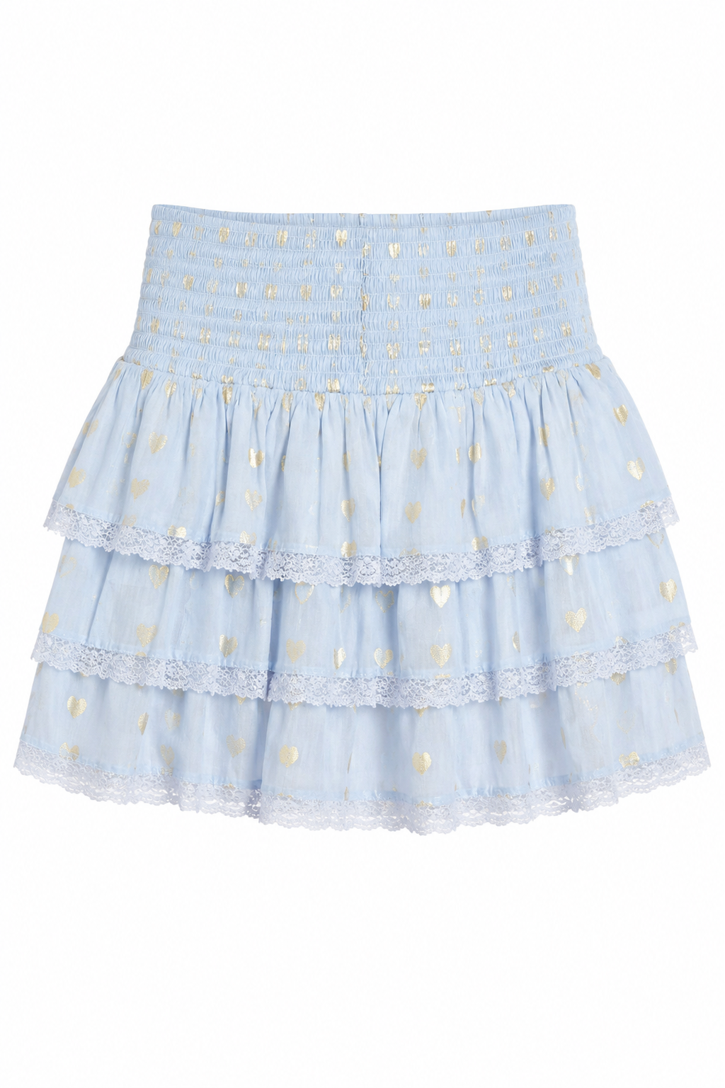 Gemma Pastel Blue With Blue Lace Heart Lurex Smocked Ruffle Mini Skirt
