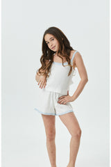 Teddy White With Pastel Blue Lace Heart Pointelle Shorts