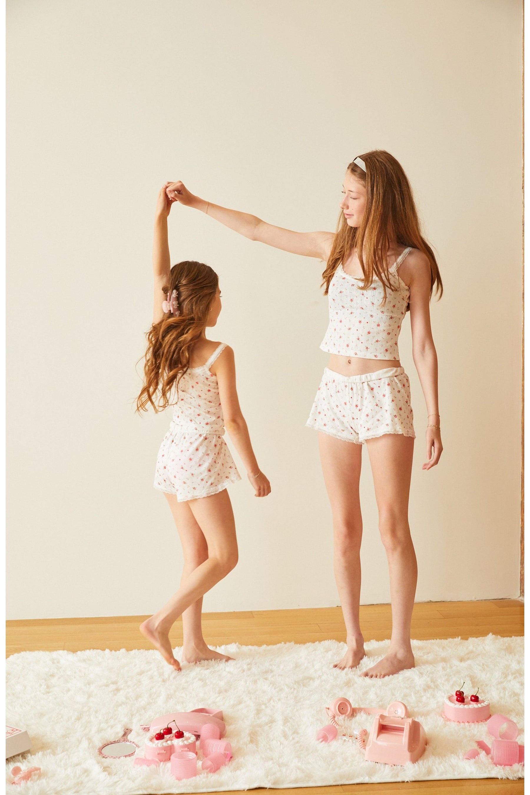 Teddy White With Rose Pointelle Shorts