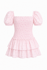 Lexi Pastel Pink Ditsy Satin Smocked Short Sleeve Ruffle Dress