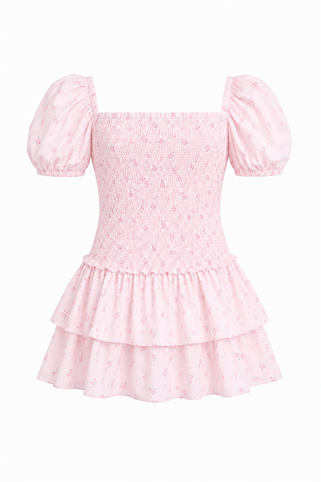 Lexi Pastel Pink Ditsy Satin Smocked Short Sleeve Ruffle Dress