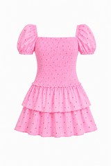 Lexi Pink With Red Hearts Satin Smocked Short Sleeve Ruffle Dress