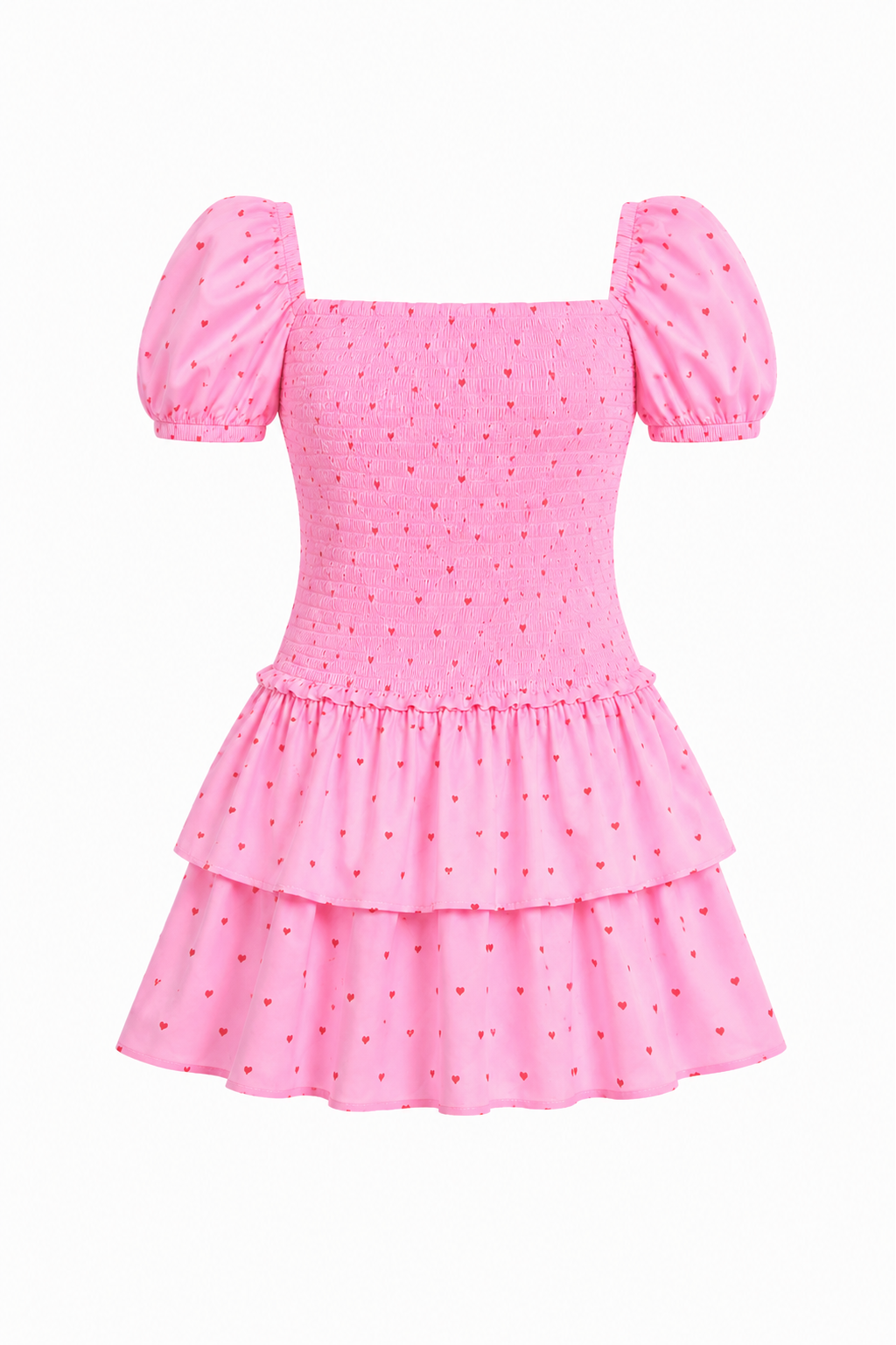 Lexi Pink With Red Hearts Satin Smocked Short Sleeve Ruffle Dress