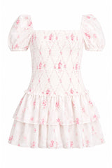 Lexi Vintage Romantic Rose Satin Smocked Short Sleeve Ruffle Dress