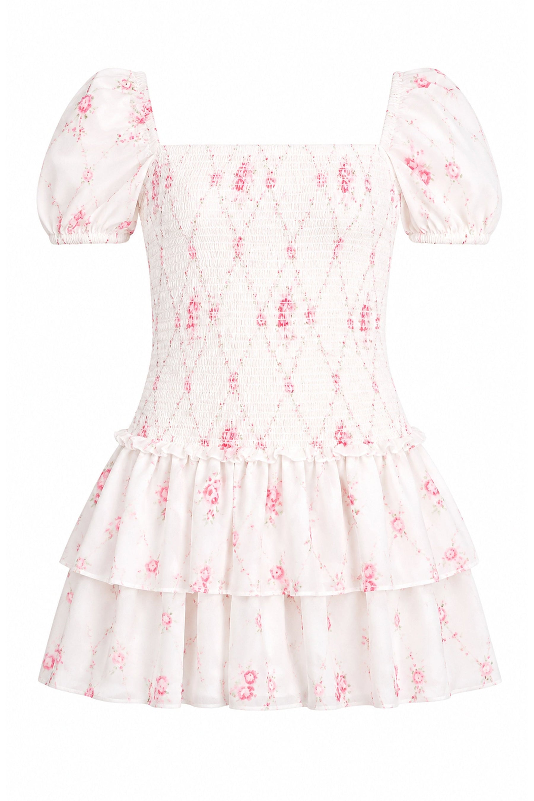 Lexi Vintage Romantic Rose Satin Smocked Short Sleeve Ruffle Dress