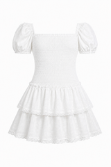Lexi White Heart Smocked Short Sleeve Ruffle Dress