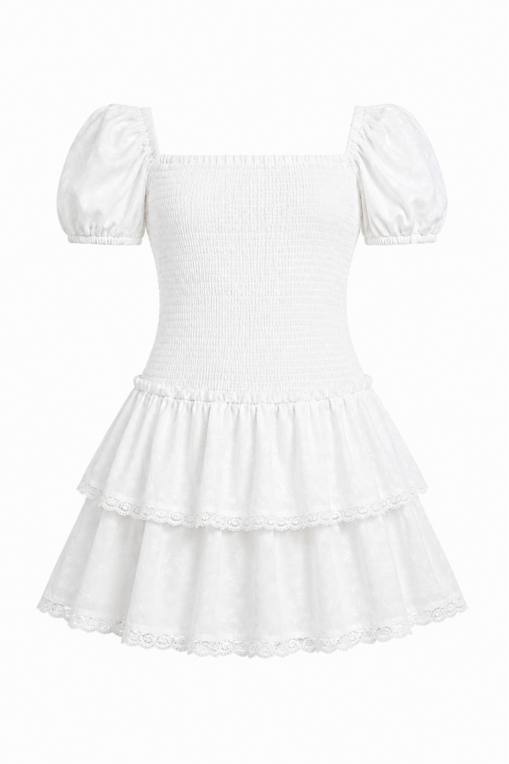 Lexi White Heart Smocked Short Sleeve Ruffle Dress