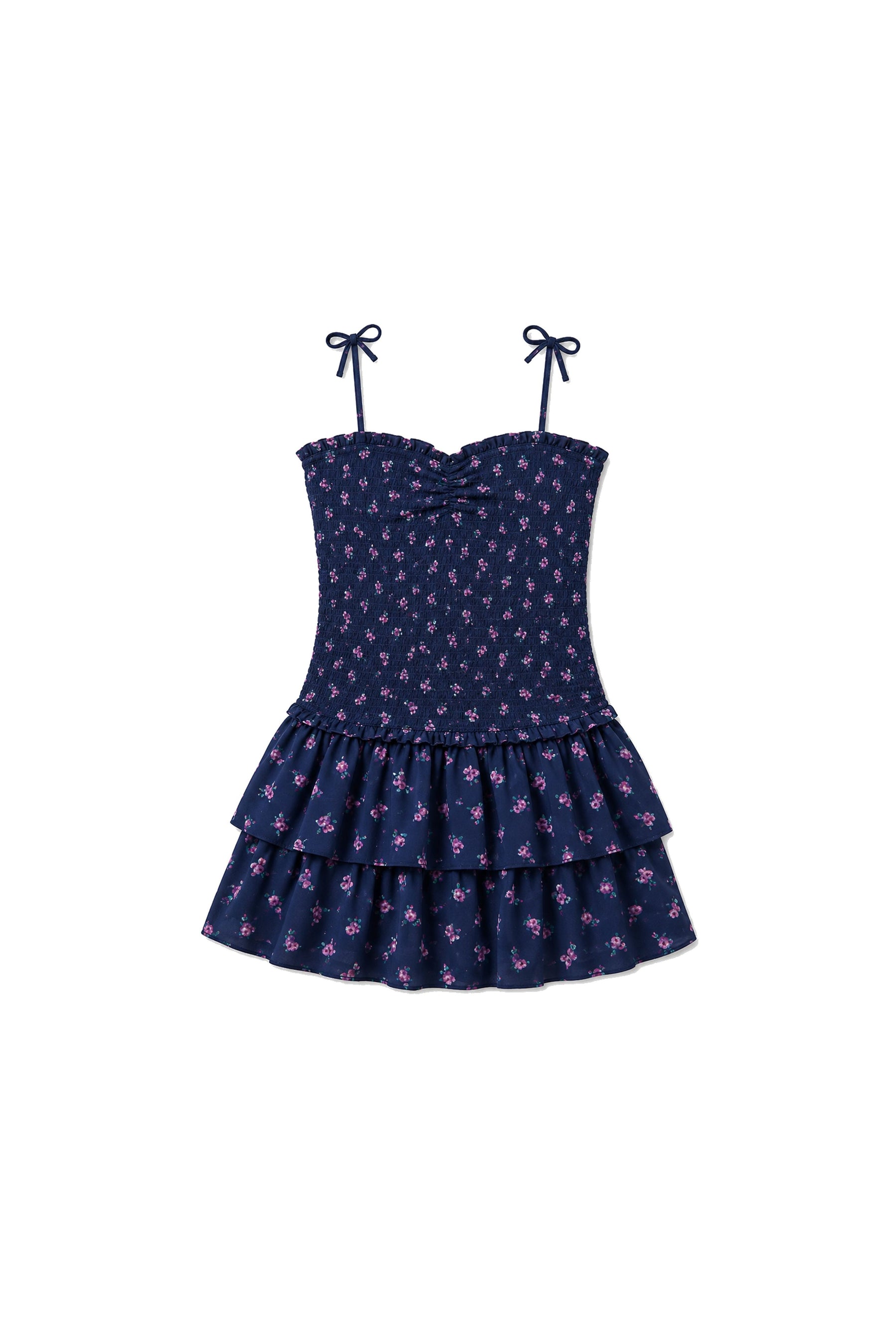 Lola Navy Rose Satin Smocked Ruffle Dress (S26)