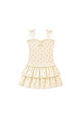 Lola Pastel Yellow Ditsy Satin Smocked Ruffle Dress