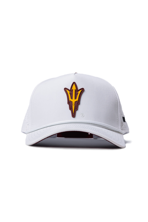 The No Rivals Arizona State Gameday Hat is a white snapback featuring a gold and maroon trident logo, officially licensed and perfect for your next gameday look. Displayed against a plain white background.