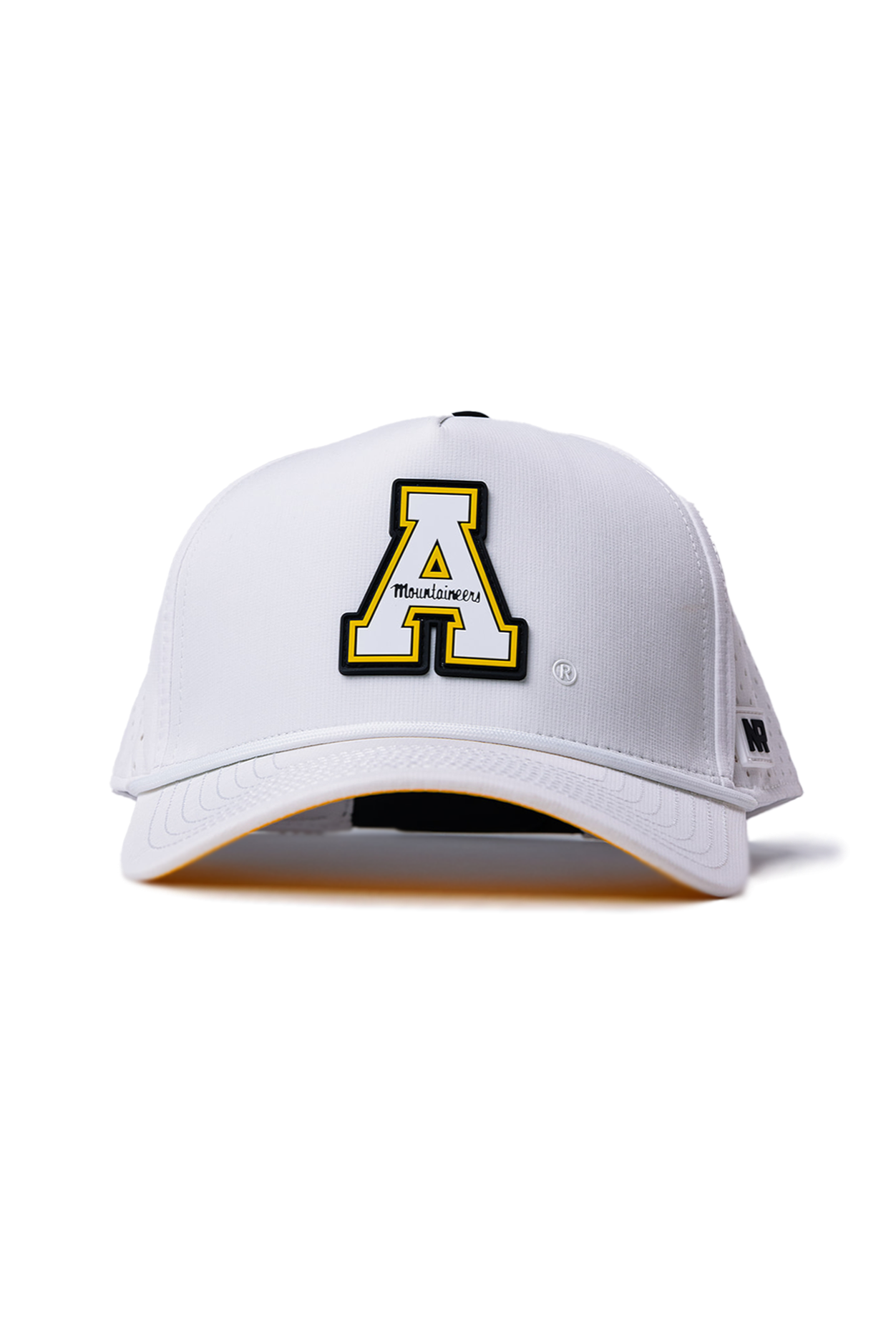 The Appalachian State Gameday Hat by No Rivals is a white snapback baseball cap with a bold yellow and black letter A featuring “Mountaineers,” officially licensed and perfect for gameday, displayed front-facing on a plain white background.