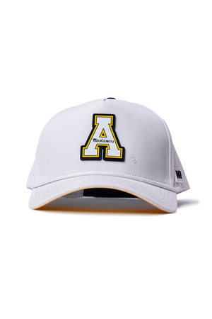 The Appalachian State Gameday Hat by No Rivals is a white snapback baseball cap with a bold yellow and black letter A featuring “Mountaineers,” officially licensed and perfect for gameday, displayed front-facing on a plain white background.