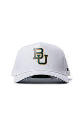 Front view of the Baylor Gameday Hat by No Rivals—a white cap with BU's green and gold logo, mesh side panels, structured shape, and snapback closure. Officially licensed for the perfect Baylor University gameday look.