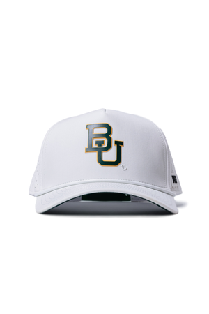 Front view of the Baylor Gameday Hat by No Rivals—a white cap with BU's green and gold logo, mesh side panels, structured shape, and snapback closure. Officially licensed for the perfect Baylor University gameday look.